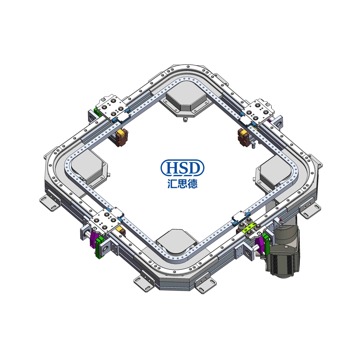 Ring rail conveyor line 4 stations 4 positioning square profile chain circulation line model