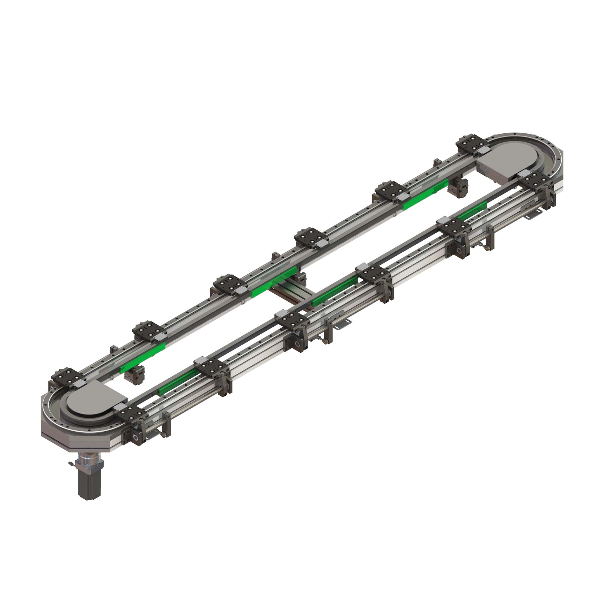 Oval proﬁle chain drive curved guide rail conveyor systems